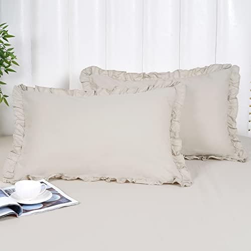  PHF 100% Washed Cotton Ruffle Pillowcases Standard Size, 2 Pack 20" X 26" Pillow Shams, No Insert, Ultra Soft Cotton Linen Like Pillow Cases,Decorative Farmhouse Bedding Pillow Covers, Linen