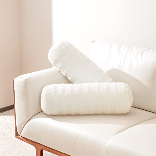  Cheer Collection Set Of 2 Faux Fur Bolster Pillows, Decorative Roll Pillow For Couch With Removable Washable Cover, Cylinder Neck Pillows For Bed, Chair Or Sofa, 8” X 24” Inch, White
