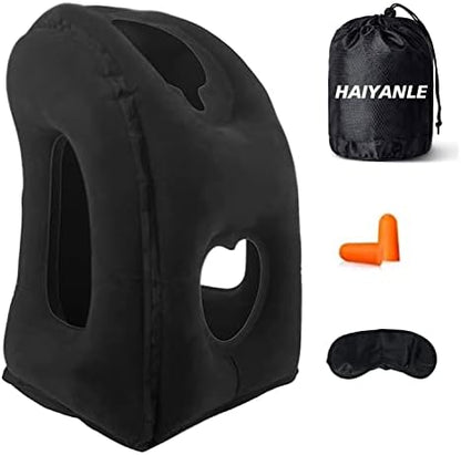  HAIYANLE Inflatable Travel Pillow - Multifunctional Travel Pillow For Adult Chin Supporting Travel Neck Pillow Airplane Sleeper Office Napping Pillow With Eye Mask, Earplugs And Portable Bag