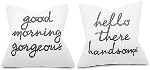  EURASIA DECOR Set Of 2 Pcs Hello Handsome Good Morning Gorgeous Embroidered Square Accent Throw Pillow Cover - Gift For Wedding, Couple, Anniversary, Bedroom Decor - 18x18 Inches, Ivory
