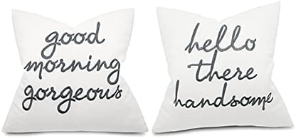  EURASIA DECOR Set Of 2 Pcs Hello Handsome Good Morning Gorgeous Embroidered Square Accent Throw Pillow Cover - Gift For Wedding, Couple, Anniversary, Bedroom Decor - 18x18 Inches, Ivory