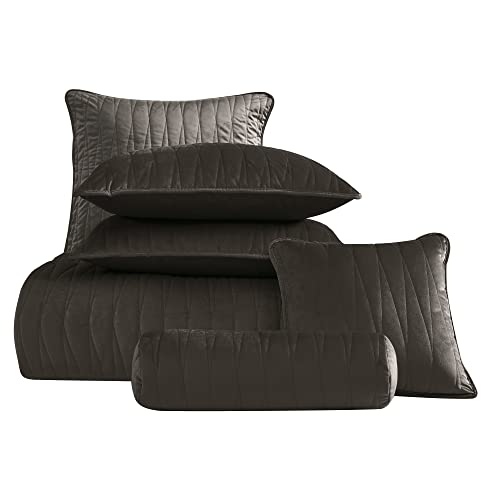  Premium Heavy Velvet Quilt Set With Cotton Backing, King, Charcoal