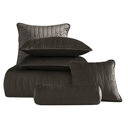  Premium Heavy Velvet Quilt Set With Cotton Backing, King, Charcoal