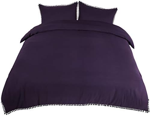 3 Pcs Duvet Cover Set With Pompoms,110gsm Brushed Polyester Microfiber Bedding Set,Duvet Cover & 2 Pillowcase,Zipper Closure & Corner Ties(No Duvet) Queen Black