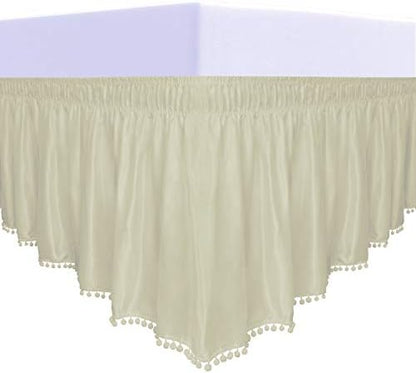  Satin Silk Pom Pom Wrap Around Bed Skirt With Adjustable Elastic Belt - 16 Inch Drop Easy To Put, Wrinkle Free Dust Ruffles, Bed Frame Cover For Twin, Twin XL And Full Size Beds, Dark Gray
