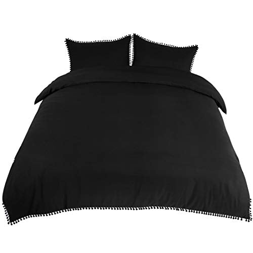  3 Pcs Duvet Cover Set With Pompoms,110gsm Brushed Polyester Microfiber Bedding Set,Duvet Cover & 2 Pillowcase,Zipper Closure & Corner Ties(No Duvet) Queen Black