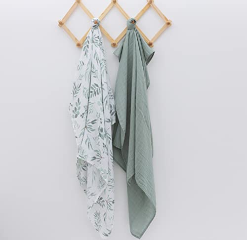  Organic Baby Muslin Swaddle Blankets For Boy Or Girl - Eucalyptus Leaves And Sage Swaddle Blanket 2 Pack - Soft Organic Cotton And Natural Bamboo Muslin, XLarge And Breathable, Boho Baby, 47" X 47"