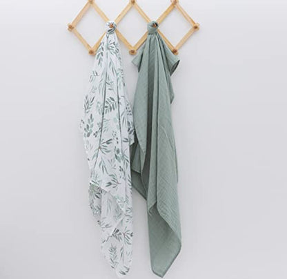  Organic Baby Muslin Swaddle Blankets For Boy Or Girl - Eucalyptus Leaves And Sage Swaddle Blanket 2 Pack - Soft Organic Cotton And Natural Bamboo Muslin, XLarge And Breathable, Boho Baby, 47" X 47"