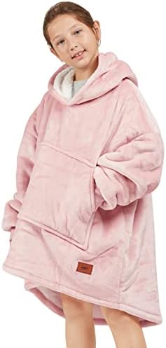  Degrees Of Comfort Wearable Blanket Hoodie For Kids Girls, Sherpa Hooded Blankets Sweatshirt With Pockets, One Size Fits All, Pink, 30x28 Inch