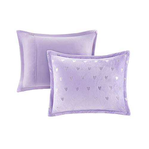  Mi Zone Rosalie Comforter Ultra-Soft Microlight Plush Metallic Printed Hearts Brushed Reverse Overfilled Down Alternative Hypoallergenic All Season Bedding-Set, Full/Queen, Purple/Silver, 4 Piece