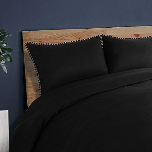  3 Pcs Duvet Cover Set With Pompoms,110gsm Brushed Polyester Microfiber Bedding Set,Duvet Cover & 2 Pillowcase,Zipper Closure & Corner Ties(No Duvet) Queen Black