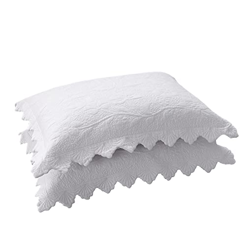  Vctops 2-Piece Embroidered Cotton Quilted Pillow Shams Vintage Floral Decorative Pillow Covers Boho Pillow Cases Queen Size, White B