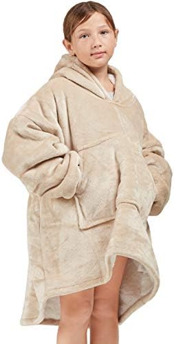  Degrees Of Comfort Wearable Blanket Hoodie For Kids Girls, Sherpa Hooded Blankets Sweatshirt With Pockets, One Size Fits All, Pink, 30x28 Inch