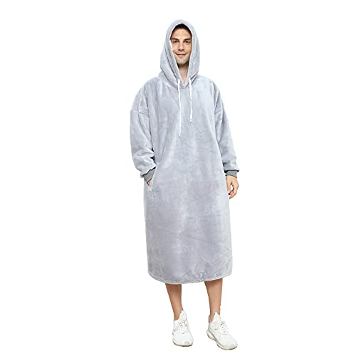  Oversized Sherpa Wearable Blanket Hoodie Long Soft Flannel Plush Blanket Sweatshirt Birthday Gifts For Men And Women 47 Inch (Gray)