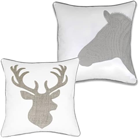  Millianess Animal Cotton Throw Pillow Covers Deer Head Embroidered 18x18 Inches For Couch Cushions Covers (White) …