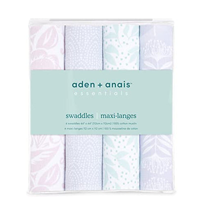  Aden + Anais Essentials Swaddle Blanket, Muslin Blankets For Girls & Boys, Baby Receiving Swaddles, Newborn Gifts, Infant Shower Items, Toddler Gift, Wearable Swaddling Set, 4 Pack, Damsel