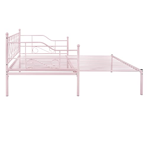 Twin Size Metal Daybed With Trundle, Daybed With Slat No Box Required, Noise Free, For Bedroom Living Room - Pink