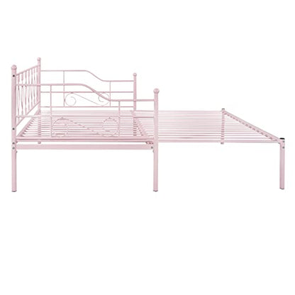  Twin Size Metal Daybed With Trundle, Daybed With Slat No Box Required, Noise Free, For Bedroom Living Room - Pink