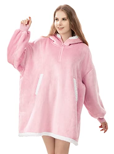  Oversized Wearable Blanket Hoodie For Adult, Thick Sherpa Sweatshirt With Elastic Sleeves And Giant Pockets Super Warm And Cozy Fuzzy Plush Fleece Blanket Jacket, Pink