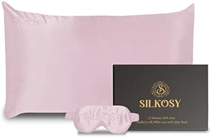  Mulberry Silk Pillowcase For Hair And Skin With Hidden Zipper, 22 Momme 100% Real Silk Pillow Case With Sleep Mask, Premium Grade 6A Silk Promotes Soft Skin, 900 Thread Count (Pink, Queen)