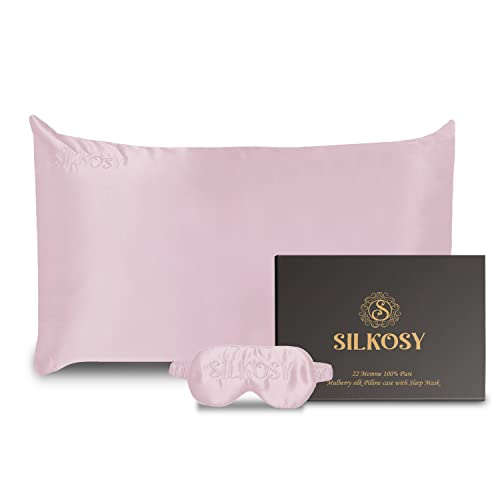  Mulberry Silk Pillowcase For Hair And Skin With Hidden Zipper, 22 Momme 100% Real Silk Pillow Case With Sleep Mask, Premium Grade 6A Silk Promotes Soft Skin, 900 Thread Count (Pink, Queen)