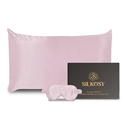 Mulberry Silk Pillowcase For Hair And Skin With Hidden Zipper, 22 Momme 100% Real Silk Pillow Case With Sleep Mask, Premium Grade 6A Silk Promotes Soft Skin, 900 Thread Count (Pink, Queen)