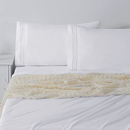 Queen Bed Sheets Set 1800 Series 4-Piece Embroidered Double Brushed Microfiber Sheets 16" Deep Pocket Hotel Soft Luxury Bedding Sheet Set, Wrinkle Resistant, White