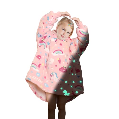  FORESTAR Glow In The Dark Wearable Blanket Unicorns Gifts For Girls, Birthday Gifts For 4 5 6 7 8 9 10 11 12 Girls, Soft Warm Cozy Oversized Sherpa Blanket Hoodie, Gifts For Girls, Unicorn Pink