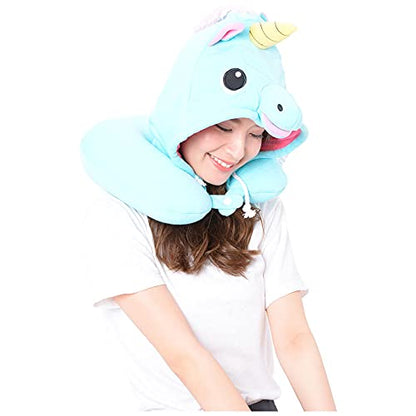  SAZAC Animal Neck Support Pillow - Soft, Cozy Travel Cushion With Adjustable Toggle - Attached Hood For Warmth And Privacy - Authentic Japanese Kawaii Design - Premium Quality (Blue Unicorn)