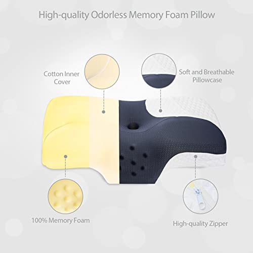  Fullengy Cervical Memory Foam Pillow, Contour Pillows For Neck, Shoulder, Back Pain Relief, Ergonomic Neck Contoured Support Pillow For Side, Back, Stomach Sleepers, Washable Pillowcase