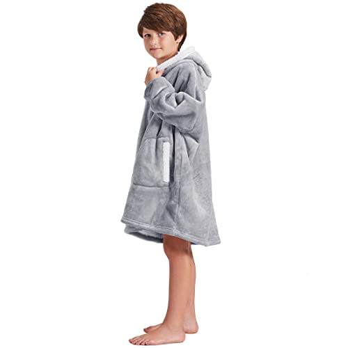  FAYBOX Wearable Blanket Hoodie With Zip For Kids,Fuzzy Warm Sherpa Comfy Oversized Hoodie Blanket Plush Sweatshirt-Light Grey