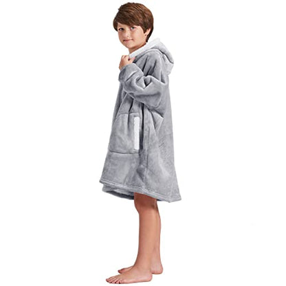  FAYBOX Wearable Blanket Hoodie With Zip For Kids,Fuzzy Warm Sherpa Comfy Oversized Hoodie Blanket Plush Sweatshirt-Light Grey