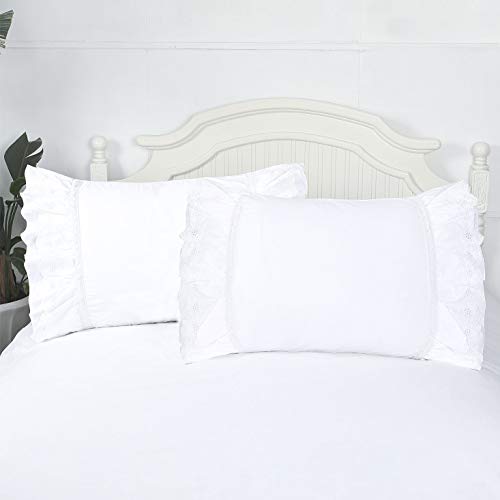  Eyelet Pillow Shams Ruffled King Bright White Shabby Chic Lace Set Of 2 Double Layered Ruffle Farmhouse Pillowcases Country French Cottage Embroidered Floral Victorian Pretty Elegant Trim 20x36