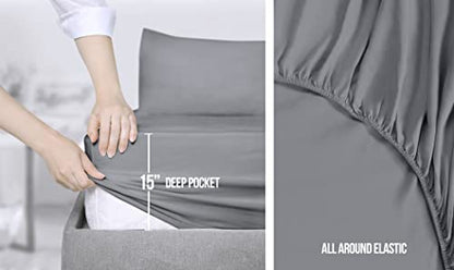  Queen Sheet Set – Soft Microfiber 4 Piece Luxury Bed Sheets With Deep Pockets - Embroidered Pillow Cases - Side Storage Pocket Fitted Sheet - Flat Sheet (Grey)