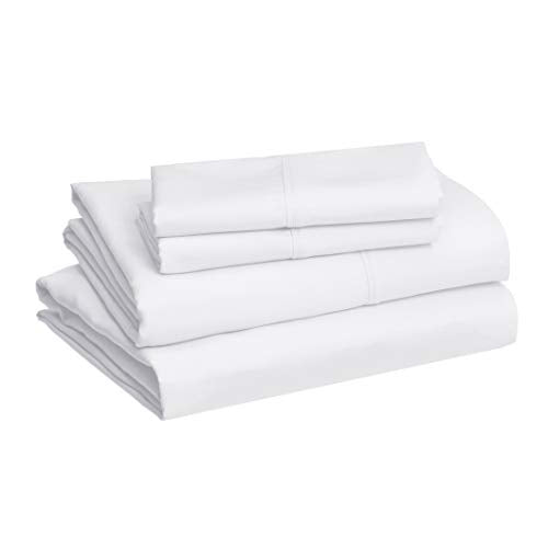 Amazon Basics Lightweight Pleated Bed Skirt - Queen, Bright White & Lightweight Super Soft Easy Care Microfiber Bed Sheet Set With 14-Inch Deep Pockets - Queen, Bright White