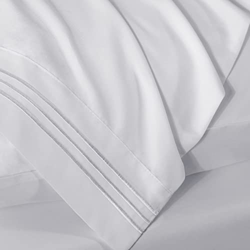  Queen Bed Sheets Set 1800 Series 4-Piece Embroidered Double Brushed Microfiber Sheets 16" Deep Pocket Hotel Soft Luxury Bedding Sheet Set, Wrinkle Resistant, White