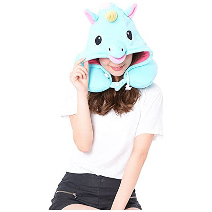  SAZAC Animal Neck Support Pillow - Soft, Cozy Travel Cushion With Adjustable Toggle - Attached Hood For Warmth And Privacy - Authentic Japanese Kawaii Design - Premium Quality (Blue Unicorn)