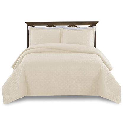  Prime Bedding Manchester 3-Piece Oversized Quilted Bedspread Coverlet Set (Ivory, King)