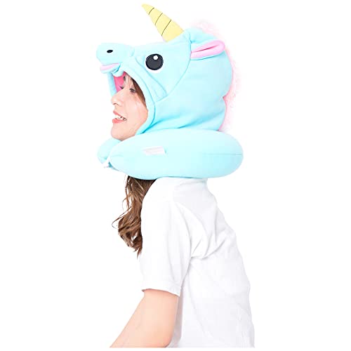  SAZAC Animal Neck Support Pillow - Soft, Cozy Travel Cushion With Adjustable Toggle - Attached Hood For Warmth And Privacy - Authentic Japanese Kawaii Design - Premium Quality (Blue Unicorn)