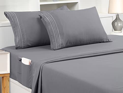  Queen Sheet Set – Soft Microfiber 4 Piece Luxury Bed Sheets With Deep Pockets - Embroidered Pillow Cases - Side Storage Pocket Fitted Sheet - Flat Sheet (Grey)