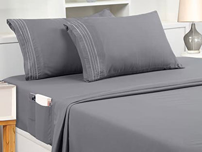  Queen Sheet Set – Soft Microfiber 4 Piece Luxury Bed Sheets With Deep Pockets - Embroidered Pillow Cases - Side Storage Pocket Fitted Sheet - Flat Sheet (Grey)