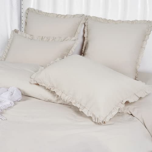  PHF 100% Washed Cotton Ruffle Pillowcases Standard Size, 2 Pack 20" X 26" Pillow Shams, No Insert, Ultra Soft Cotton Linen Like Pillow Cases,Decorative Farmhouse Bedding Pillow Covers, Linen