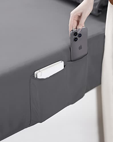  Queen Sheet Set – Soft Microfiber 4 Piece Luxury Bed Sheets With Deep Pockets - Embroidered Pillow Cases - Side Storage Pocket Fitted Sheet - Flat Sheet (Grey)