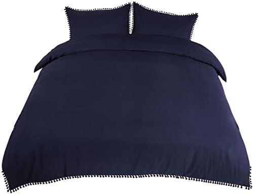  3 Pcs Duvet Cover Set With Pompoms,110gsm Brushed Polyester Microfiber Bedding Set,Duvet Cover & 2 Pillowcase,Zipper Closure & Corner Ties(No Duvet) Queen Black
