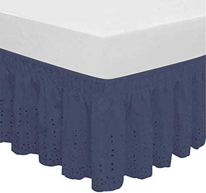  Wrap Around Elastic Eyelet Bed Skirts 14 1/2 Inches Drop Dust Ruffle Three Fabric Sides Easy On/Easy Off Adjustable Polyester Cotton(White Queen/King)