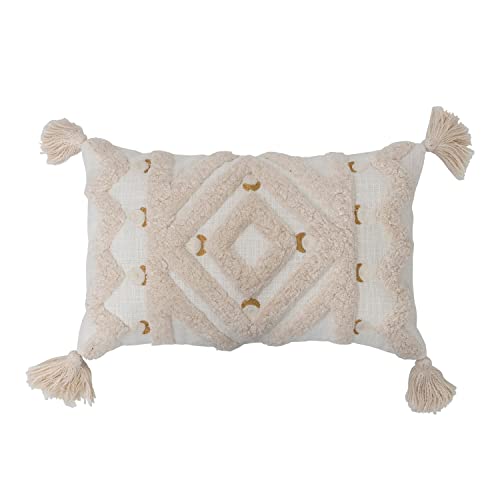  Creative Co-Op Cotton Tufted Lumbar Embroidery And Tassels Pillow, 20" L X 12" W X 2" H, Cream