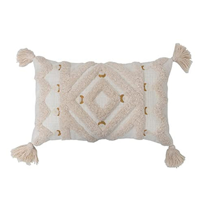  Creative Co-Op Cotton Tufted Lumbar Embroidery And Tassels Pillow, 20" L X 12" W X 2" H, Cream