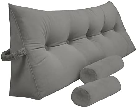  Peachwell Triangular Reading Bed Rest Pillow Large Bolster Cushion Headboard Backrest Wedge Pillow With Two Detachable Roll Pillows For Neck & Lumbar Support (Grey, Queen: 59 X 8 X 20 Inches)