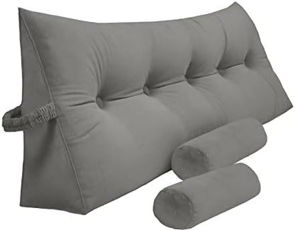  Peachwell Triangular Reading Bed Rest Pillow Large Bolster Cushion Headboard Backrest Wedge Pillow With Two Detachable Roll Pillows For Neck & Lumbar Support (Grey, Queen: 59 X 8 X 20 Inches)