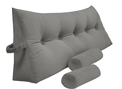  Peachwell Triangular Reading Bed Rest Pillow Large Bolster Cushion Headboard Backrest Wedge Pillow With Two Detachable Roll Pillows For Neck & Lumbar Support (Grey, Queen: 59 X 8 X 20 Inches)